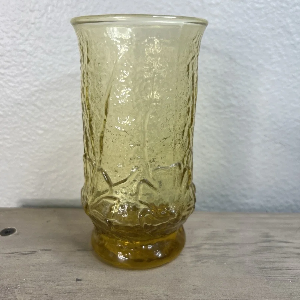 VTG Anchor Hocking Amber Rain Flower 12 oz Drinking Glass Tumbler 5.5